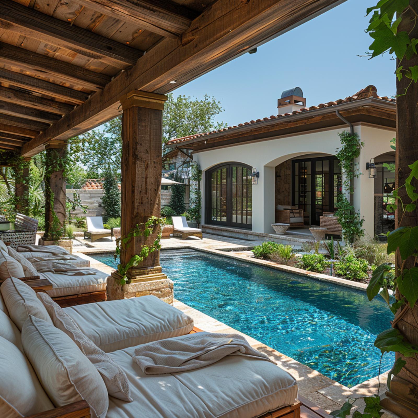 Reclaimed Timber Pergola, Cream Linen Daybeds, and a Lap-Style Plunge Pool Edged in Travertine