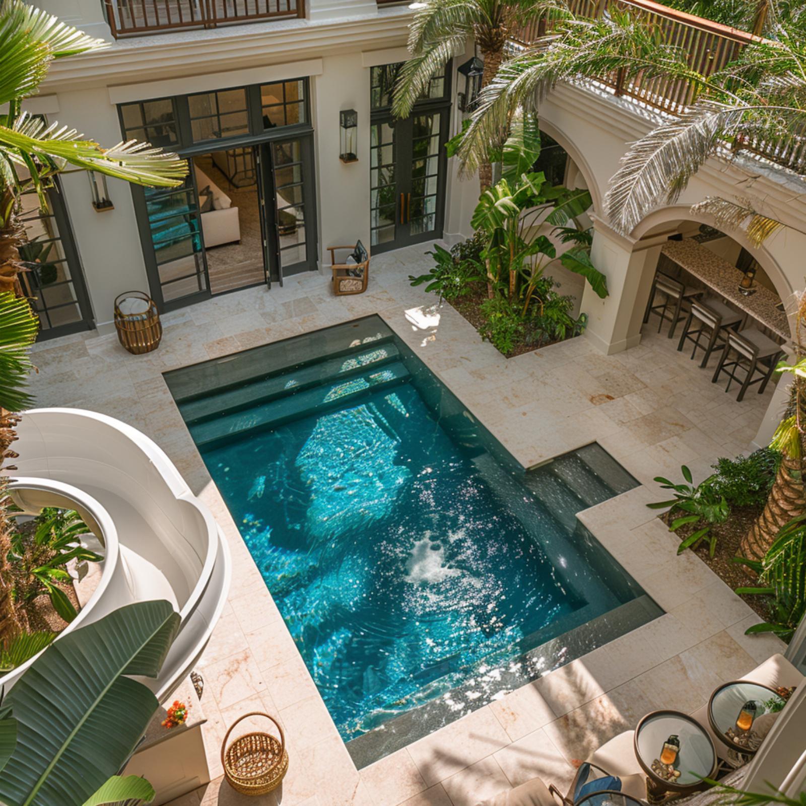 Courtyard Pool With a Water Slide, Outdoor Bar, and Tropical Canopy Overhead