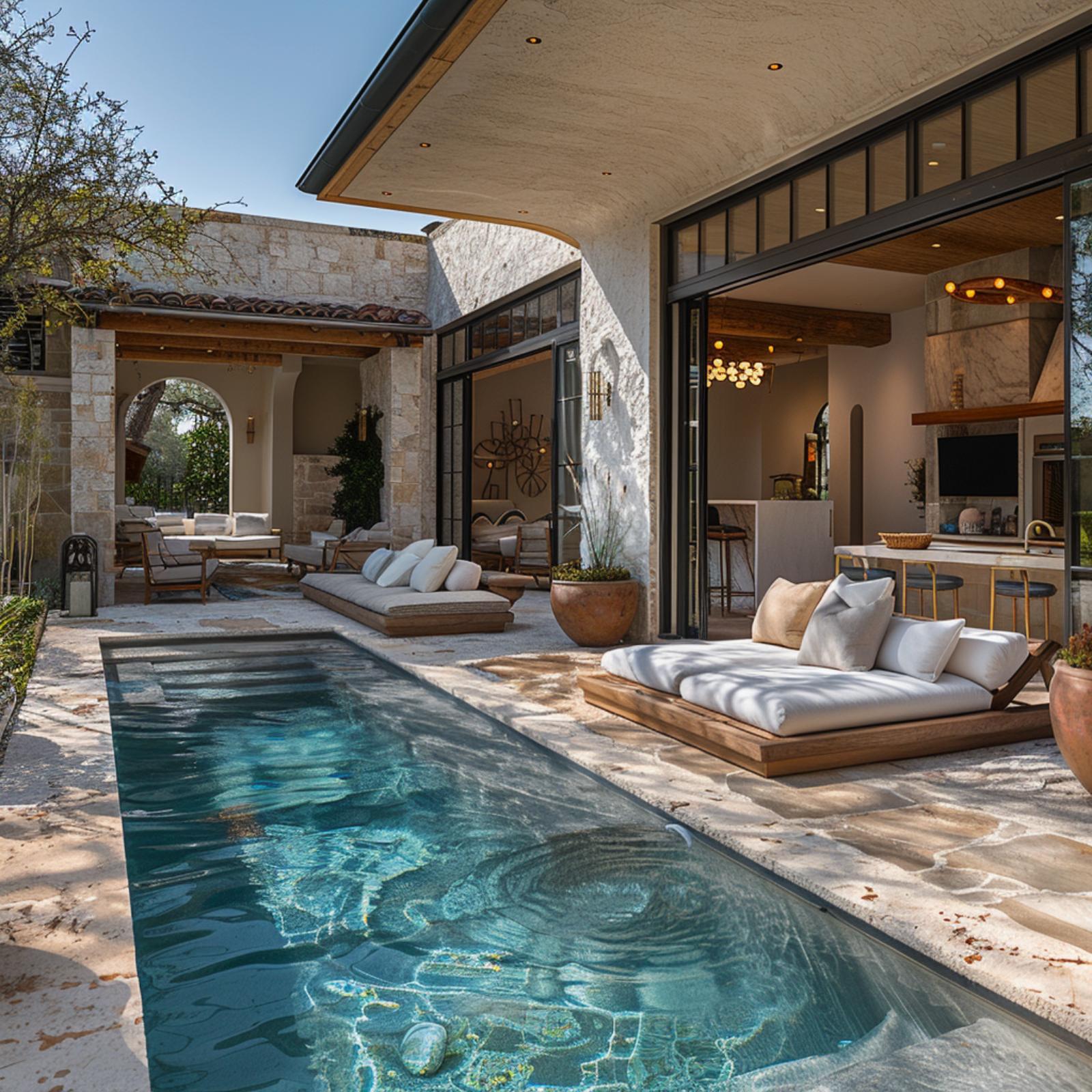 Teak Daybeds, Folding Steel Doors, and a Lap-Style Plunge Pool Cut Through Limestone Pavers