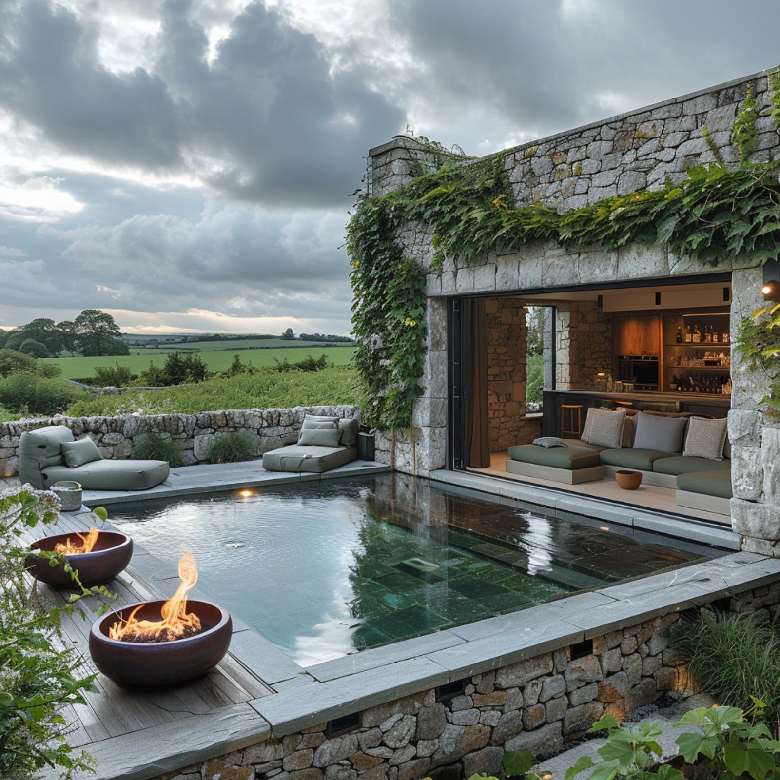 Stone Walls Draped in Ivy, Fire Bowls Flanking a Plunge Pool, and a Bar Visible Behind