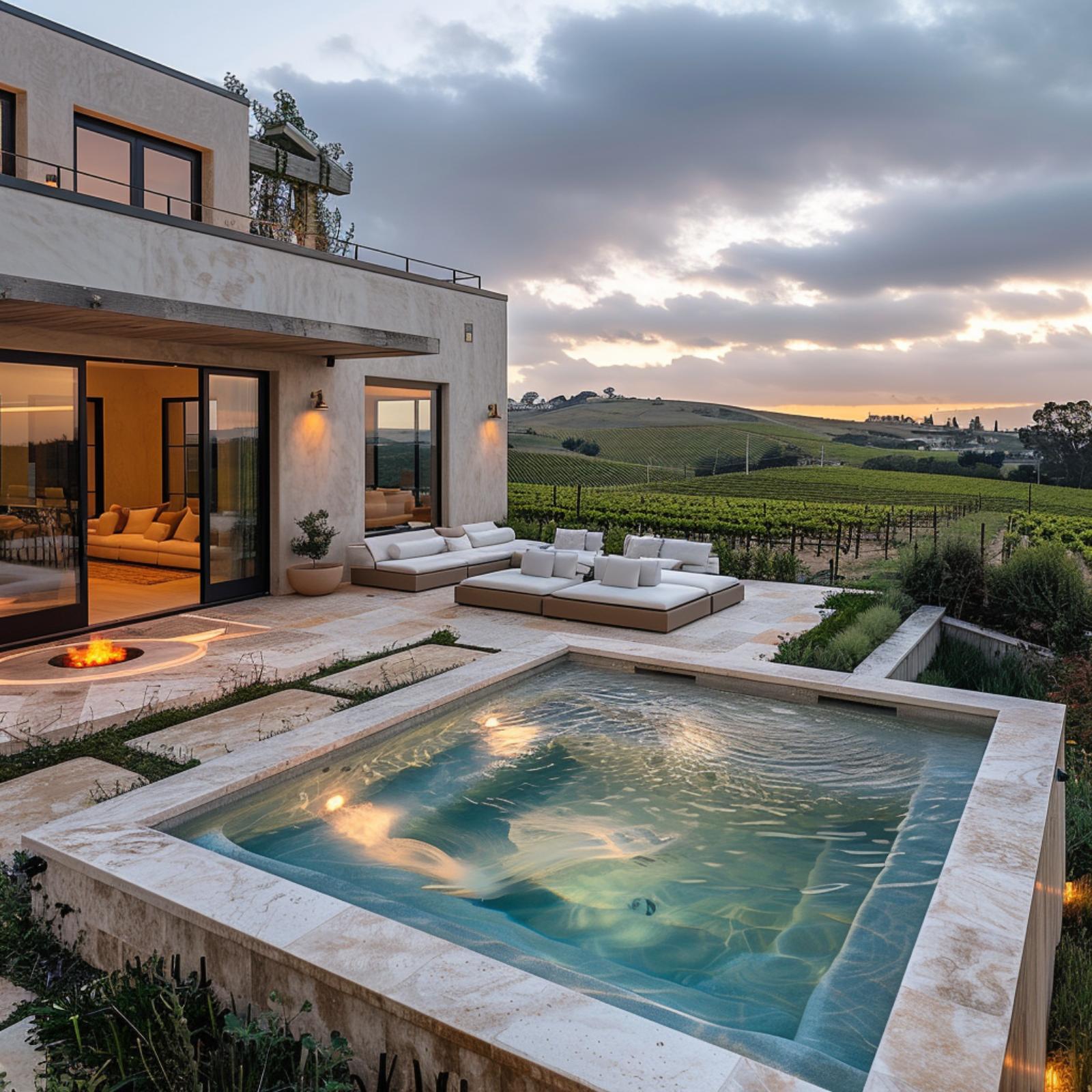 Plunge Pool Framed by Vineyard Rows, Travertine Coping, and a Fire Pit at Dusk