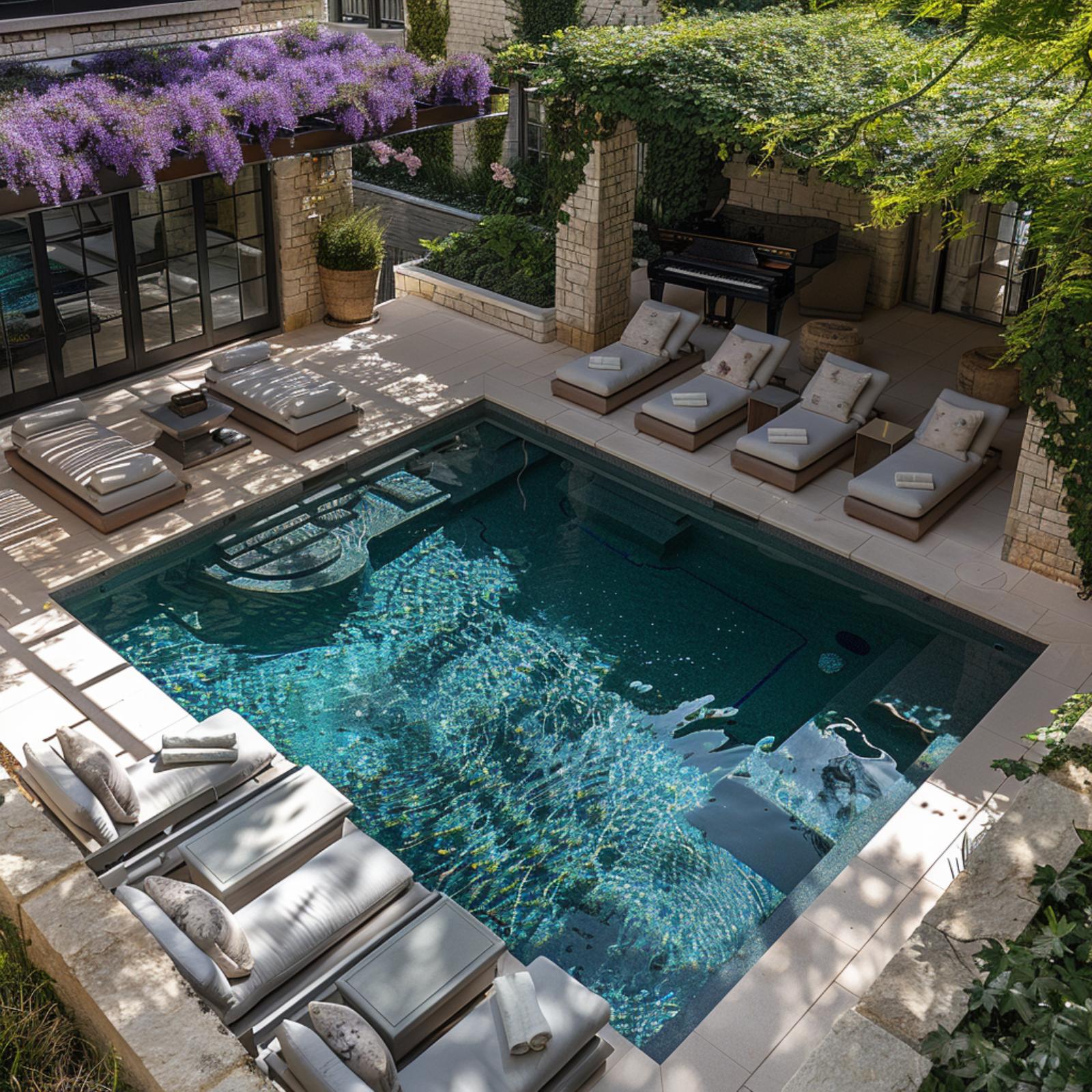 Grand Piano Poolside and Wisteria Overhead: Backyard Goals Redefined