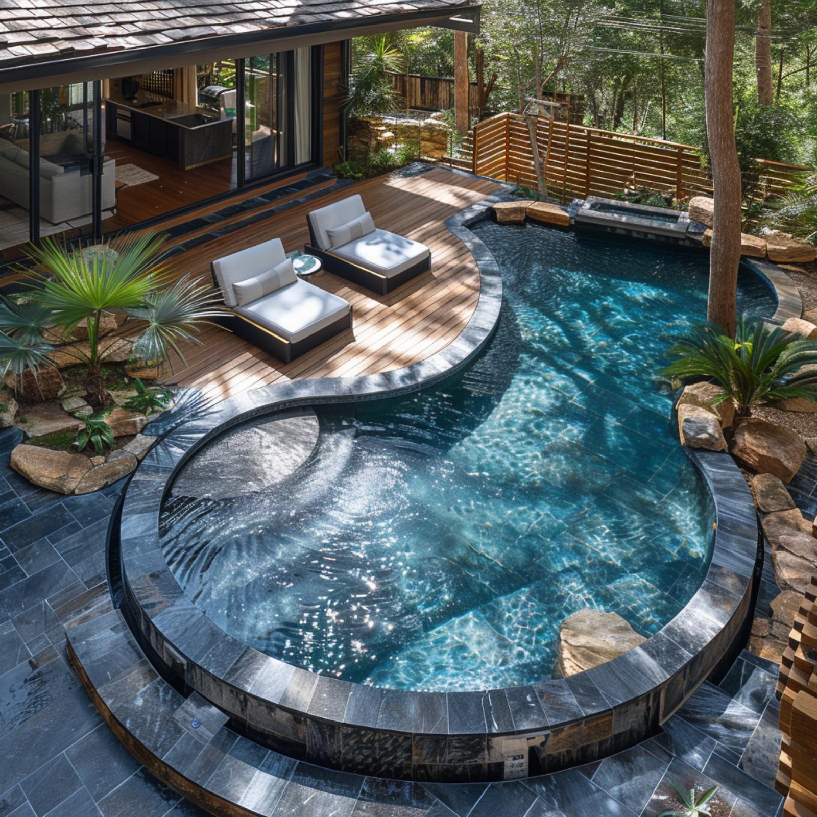 Yin-Yang Pool Shape, Dark Slate Coping, and a Teak Deck That Earns Its Place