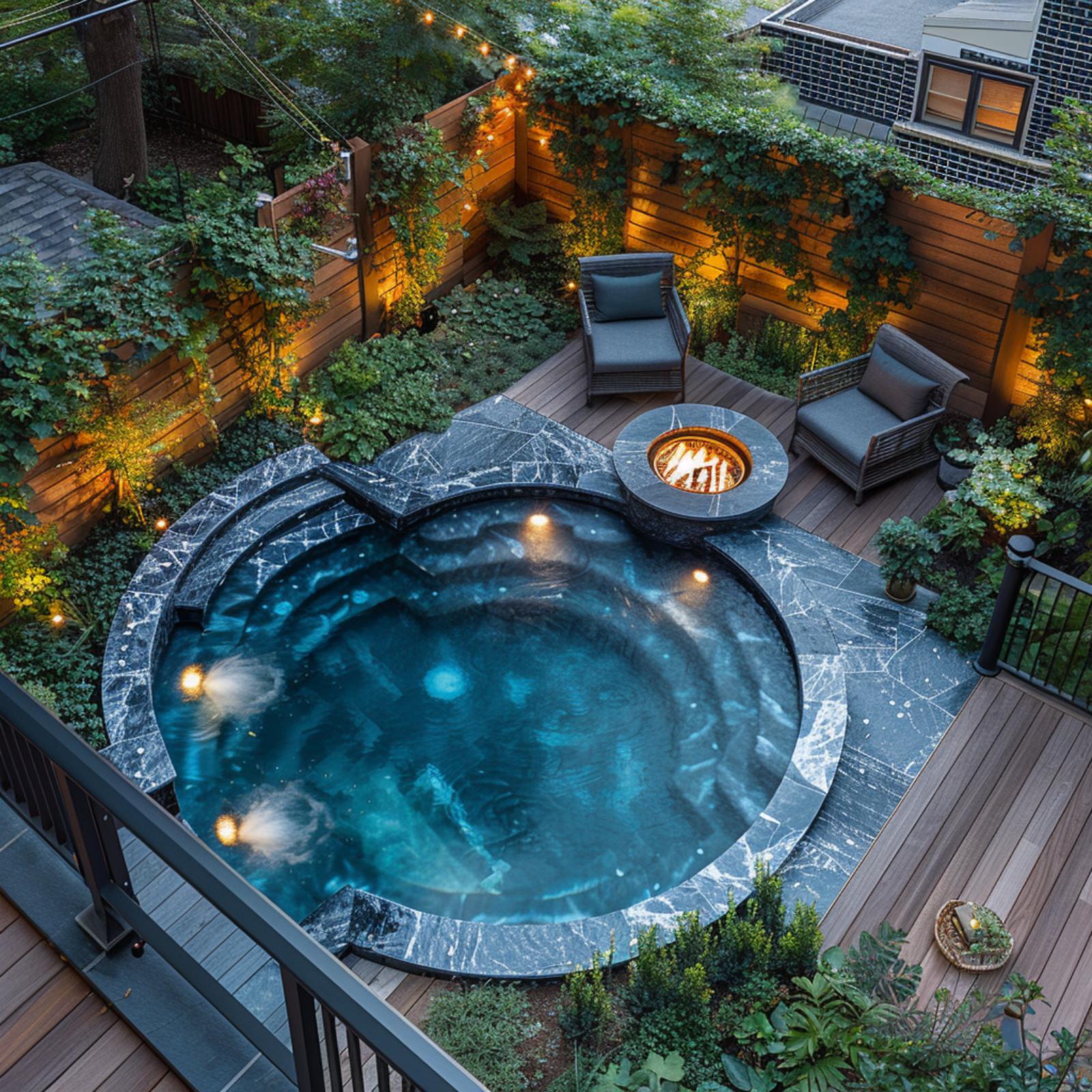 Veined Black Marble Coping, Underwater Jets, and a Fire Pit That Pulls Its Weight