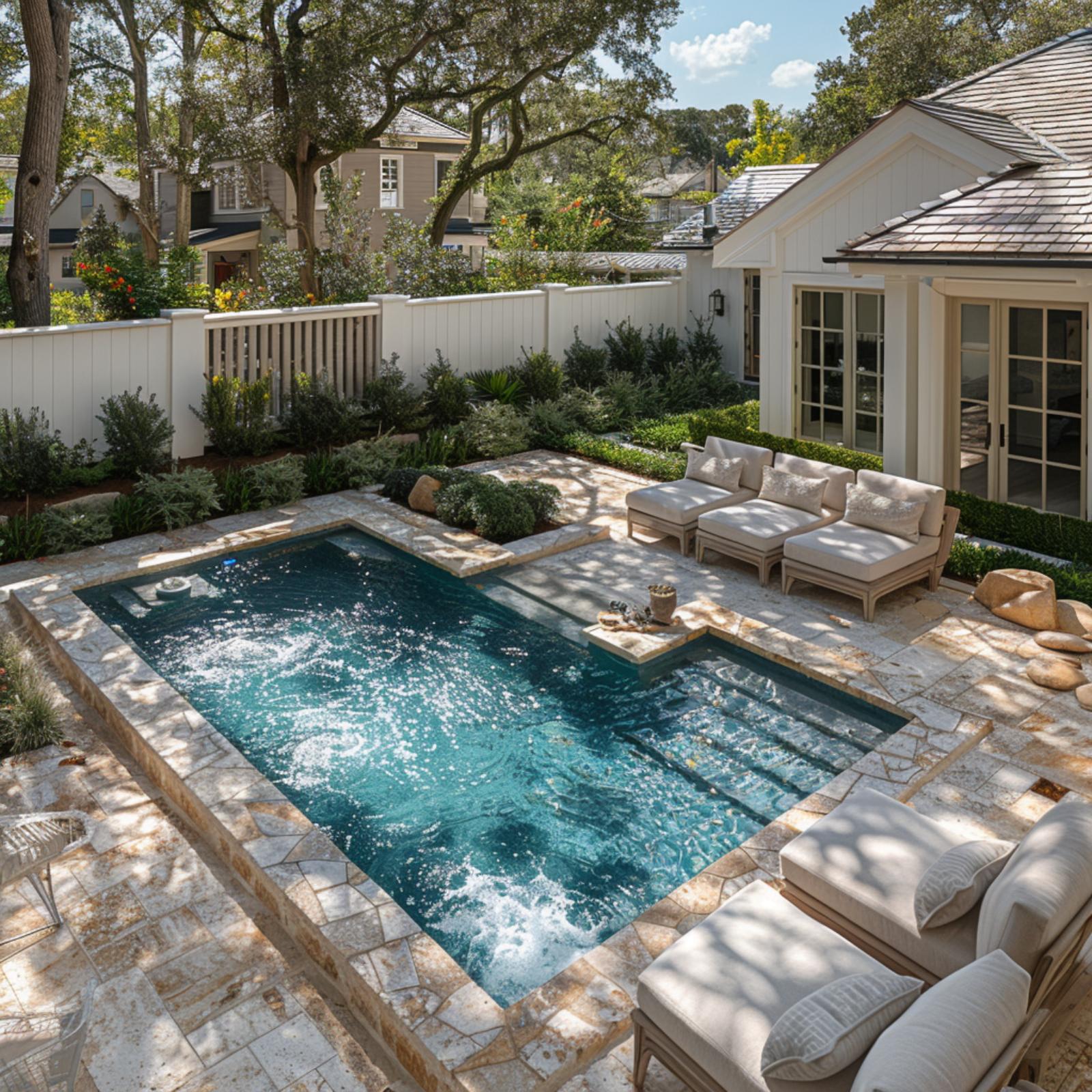 Rustic Travertine Deck, Splashing Jets, and Outdoor Seating That Holds Its Ground