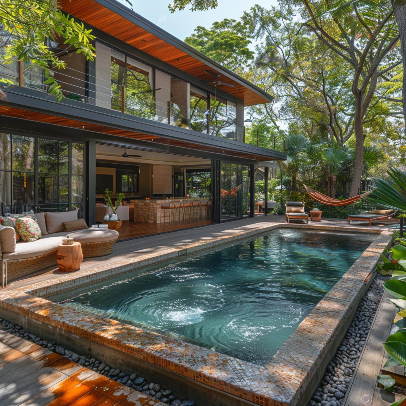 Mosaic Tile Coping, Open Glass Walls, and a Hammock That Refuses to Be Ignored