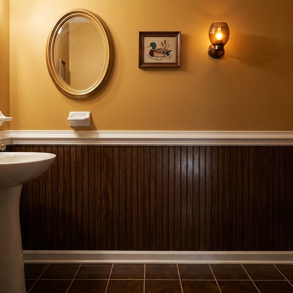 Faux Wood Paneling That Stopped Halfway Up the Wall at a Decorative Chair Rail