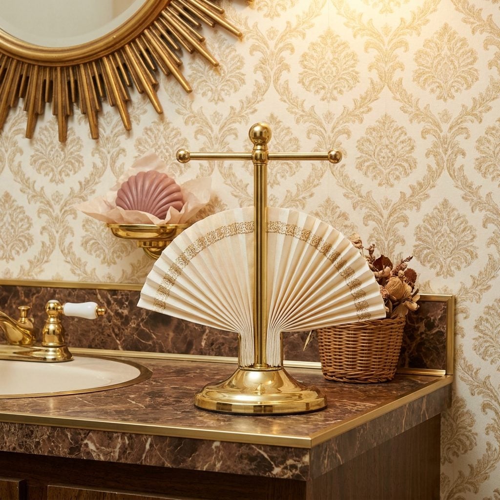 Pleated Paper Guest Towels in a Brass Holder That Nobody Was Brave Enough to Use