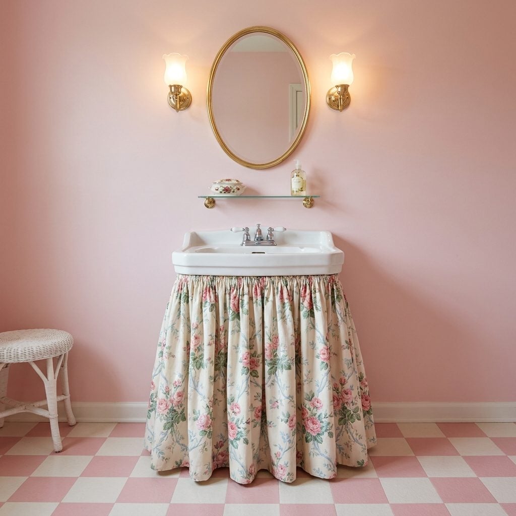 The Pleated Fabric Skirt Hiding the Plumbing Under the Pedestal Sink