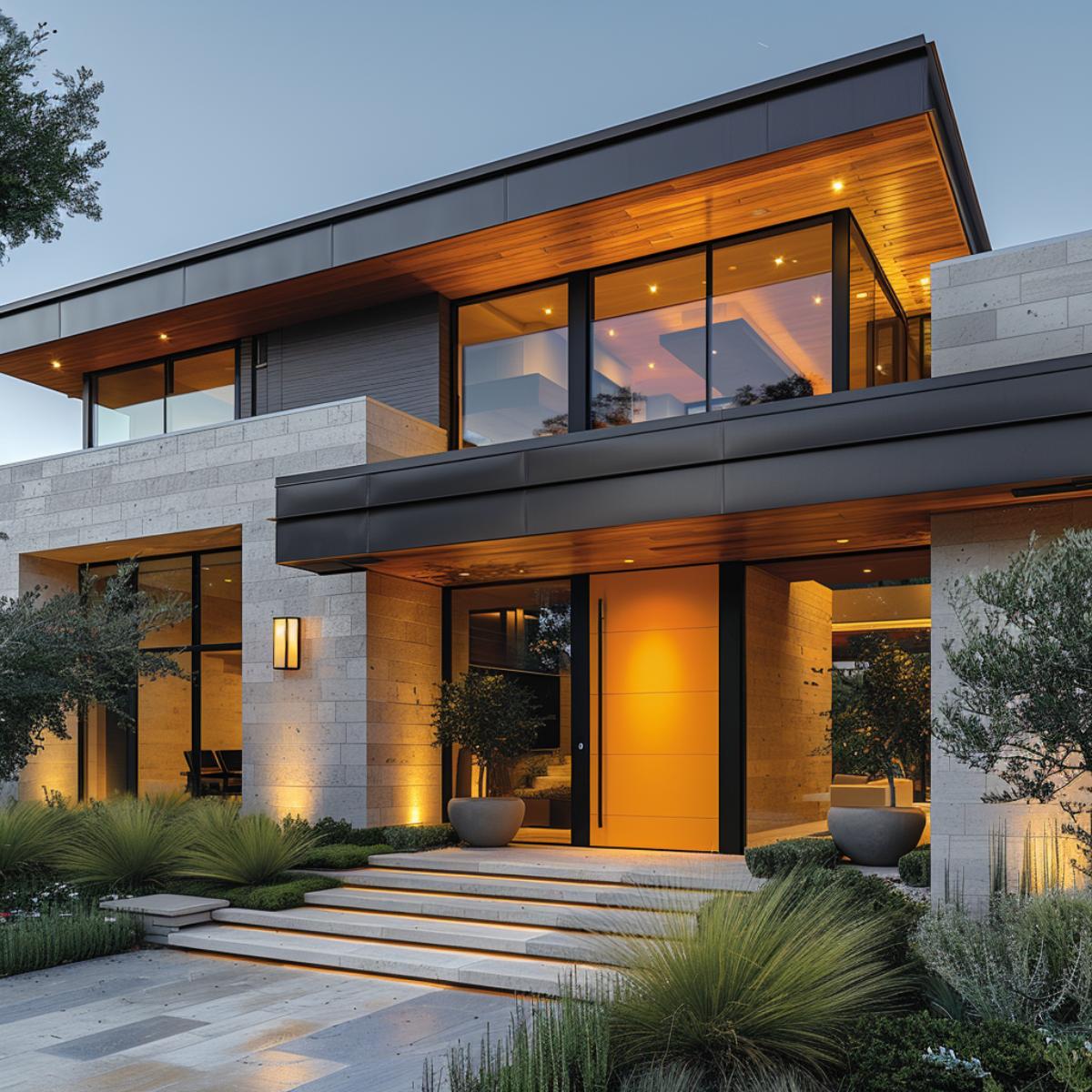 Warm Amber on the Front Door, Travertine Walls, Cedar Soffits: Dusk Done Right