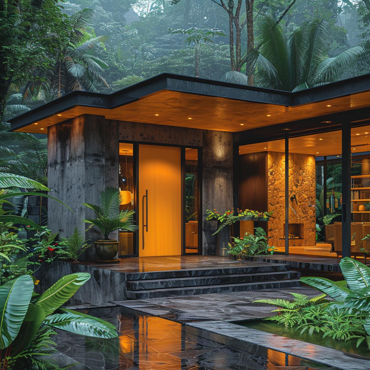 Jungle-Set Entry, Concrete Shell, Glowing Yellow Door: Dusk Earns Its Drama