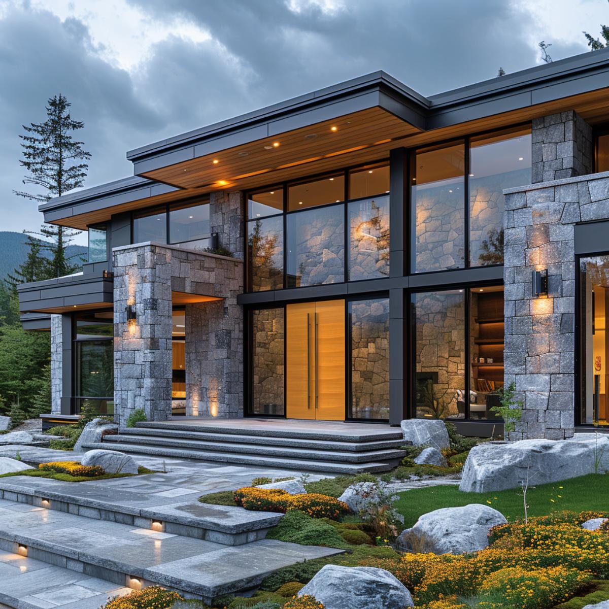 Natural Stone Pillars, Floor-to-Ceiling Glass, Honey-Toned Pivot Door: Mountain Dusk Delivered
