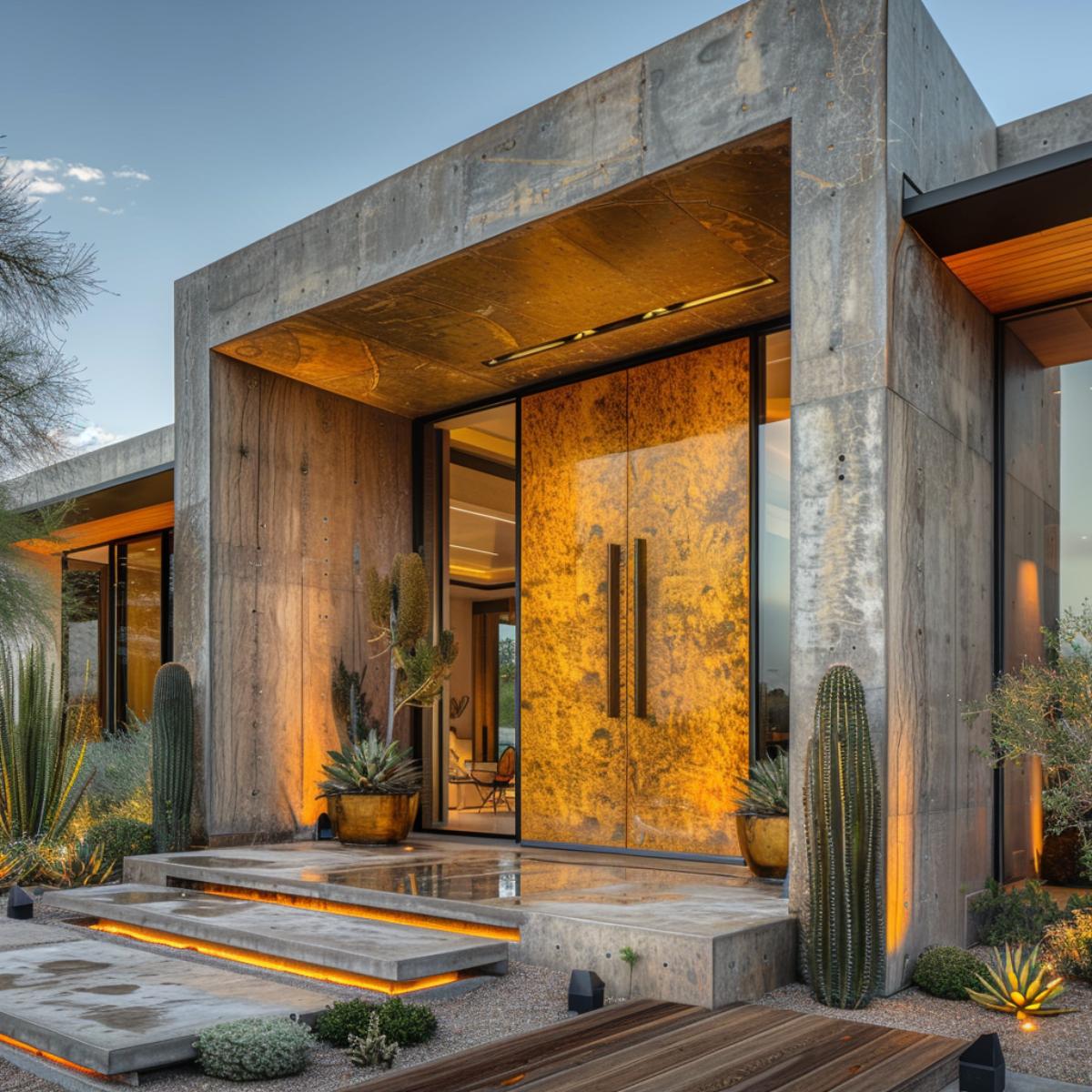 Oxidized Metal Door, Board-Formed Concrete, Saguaro Entry: Desert Modern Commits to Gold