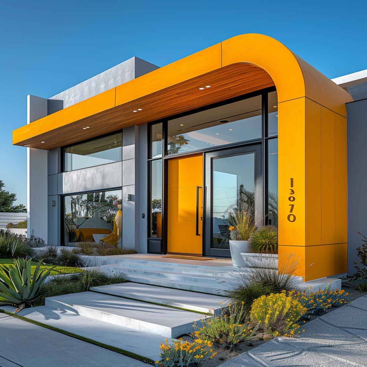 Curved Yellow Canopy, Wood Soffit, Glass Walls: Where Geometry Does the Talking