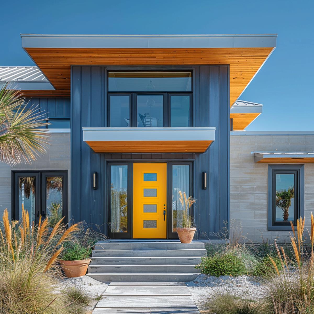 Solar Yellow Door, Board-and-Batten Navy Cladding, Cedar Soffit: Coastal Modern Commits
