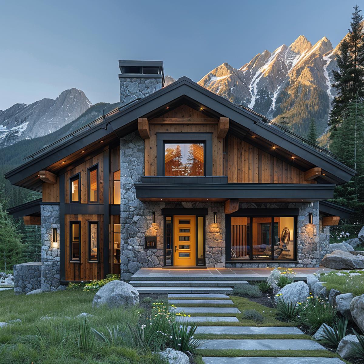 Yellow Front Door, Stone Base, Timber Frame: Mountain Modern at Its Best