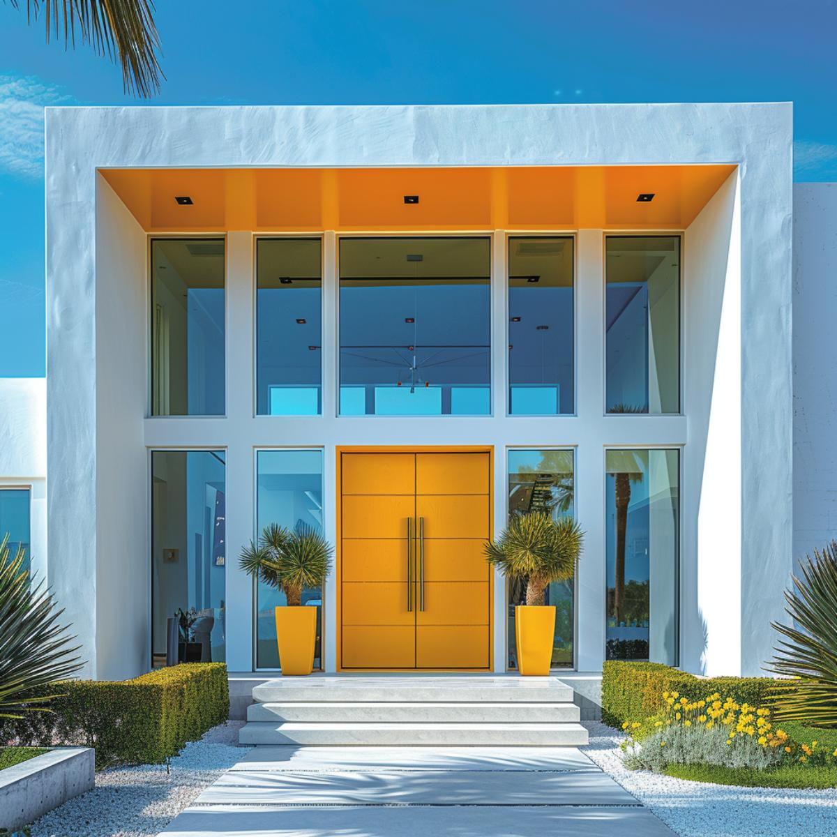 White Stucco Shell, Orange Soffit, Double Yellow Door: Palm Springs Knows What It's Doing