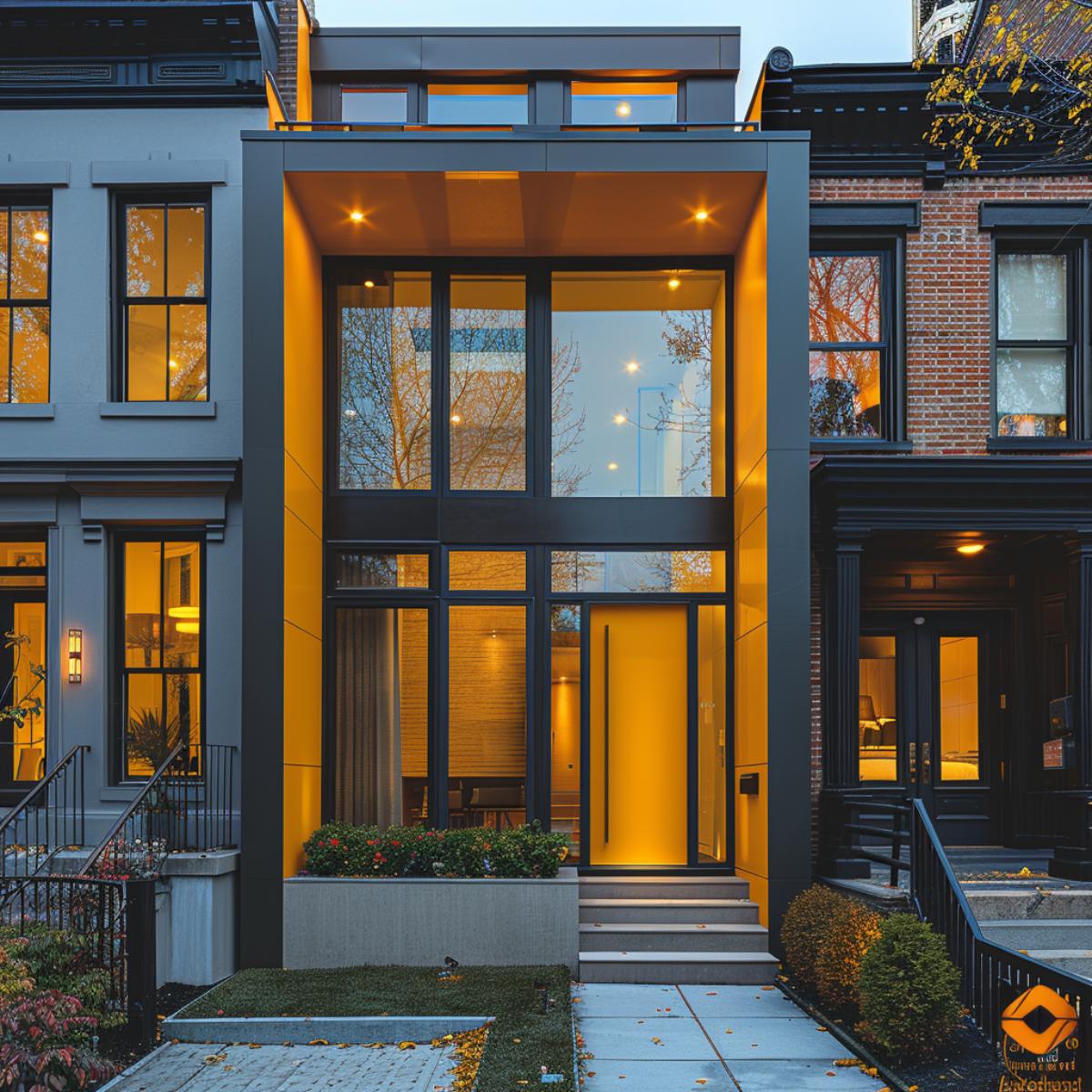 Charcoal Townhouse Gut, Floor-to-Ceiling Glass Curtain Wall, Yellow Pivot Door: Urban Infill Picks a Side