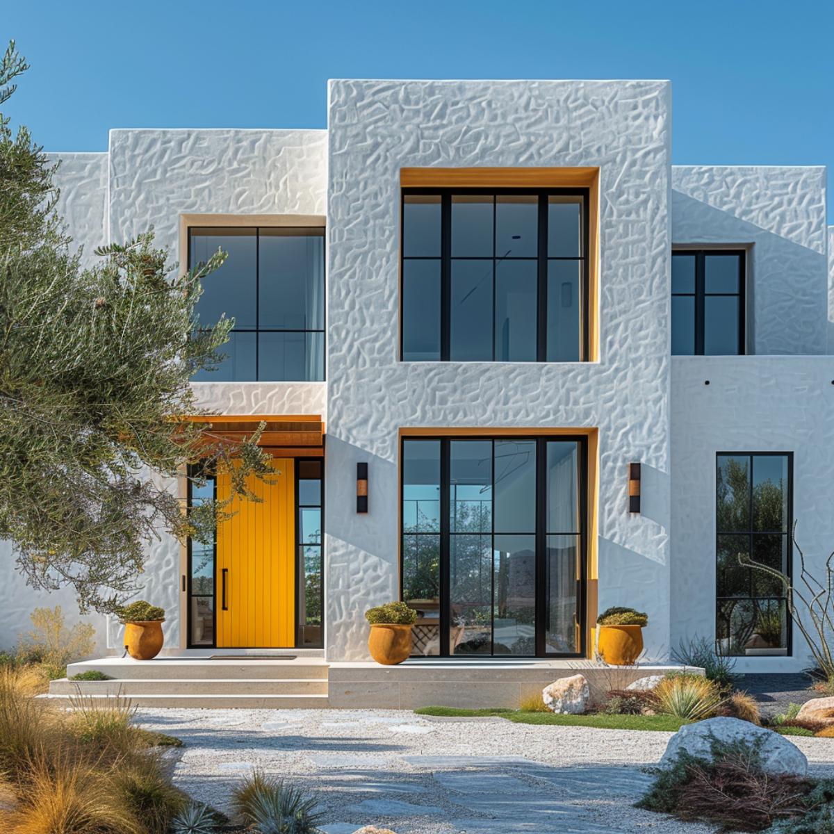 White Stucco, Textured Facade, Saffron Door: Desert Modern Picks Its Moment