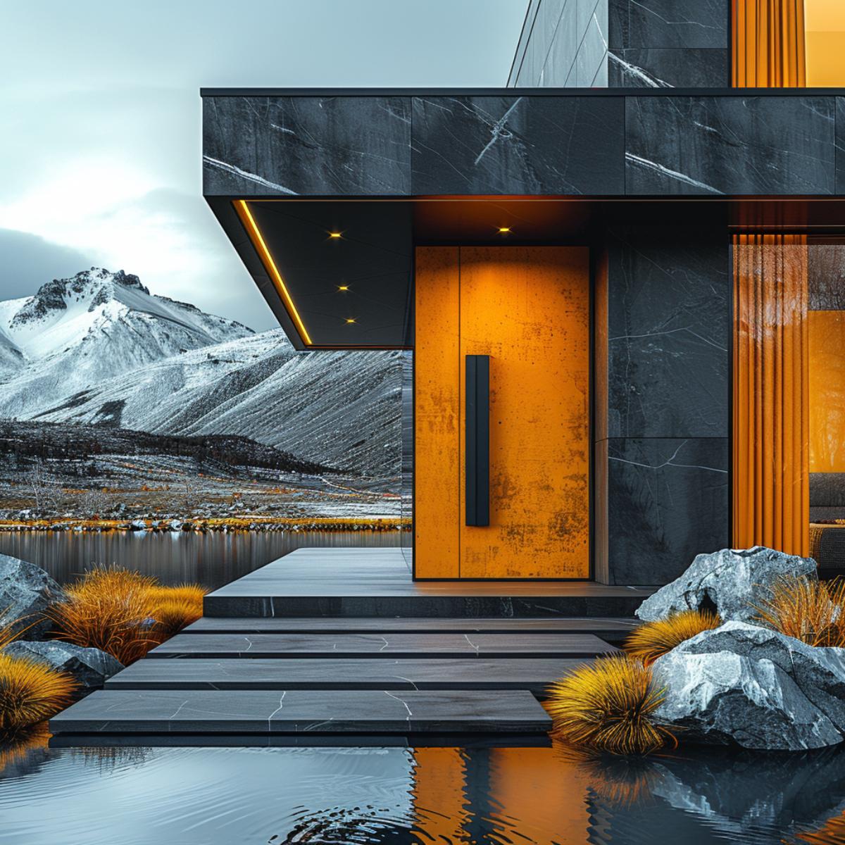 Dark Marble Cladding, Snow-Peak Views, Amber Pivot Door: The Entry Has Conviction