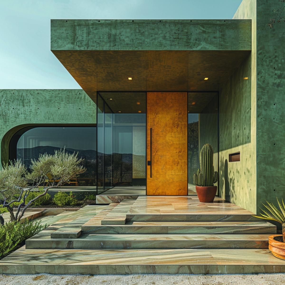 Weathered Steel Door, Green Board-Formed Concrete, Saguaro Entry: Gold Earns Its Place