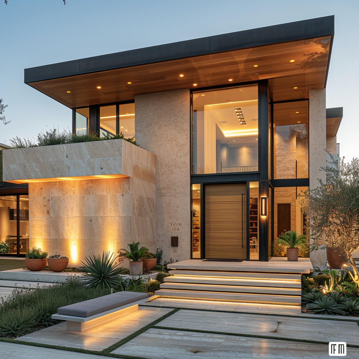 Travertine Walls, Wood Soffit Recessed Lights, Cedar Pivot Door: Stone Does Not Apologize