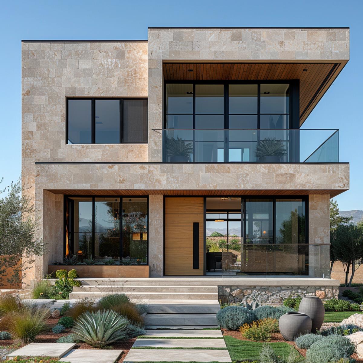 Travertine Block, Glass Balustrade, Wood Pivot Door: Stone Takes the Lead