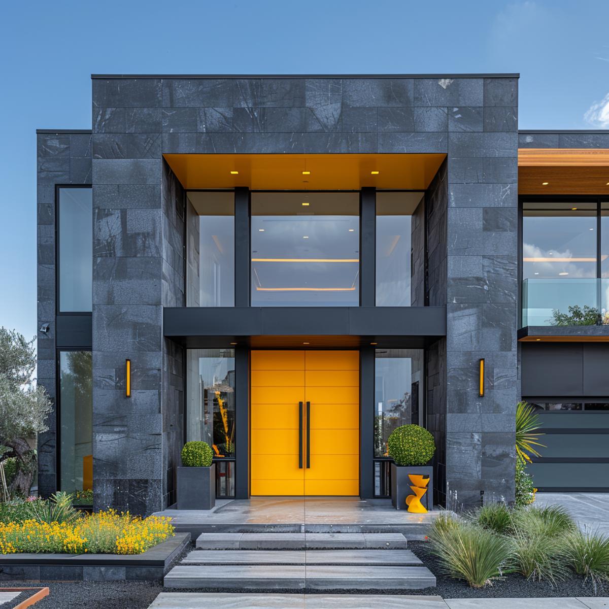 Graphite Stone Facade, Yellow Double Door, Amber Soffit Ceiling: Entry as Argument