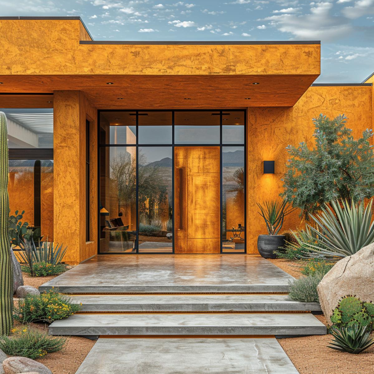 Golden Stucco Facade, Steel-Frame Glass Wall, Copper Pivot Door: Desert Modern Commits Fully