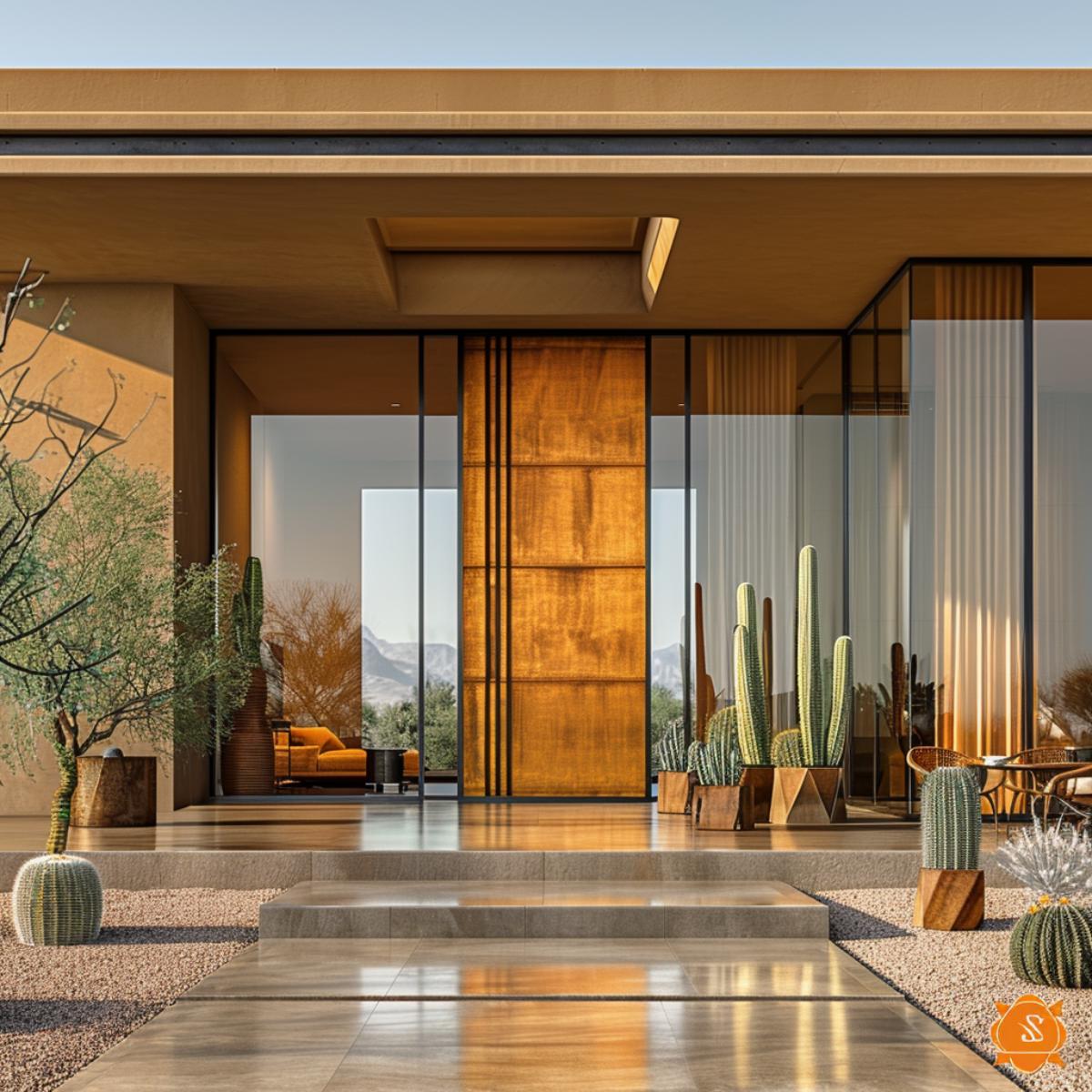 Buff Stucco, Floor-to-Ceiling Glass, Copper Pivot Door: Desert Modern Holds Its Ground