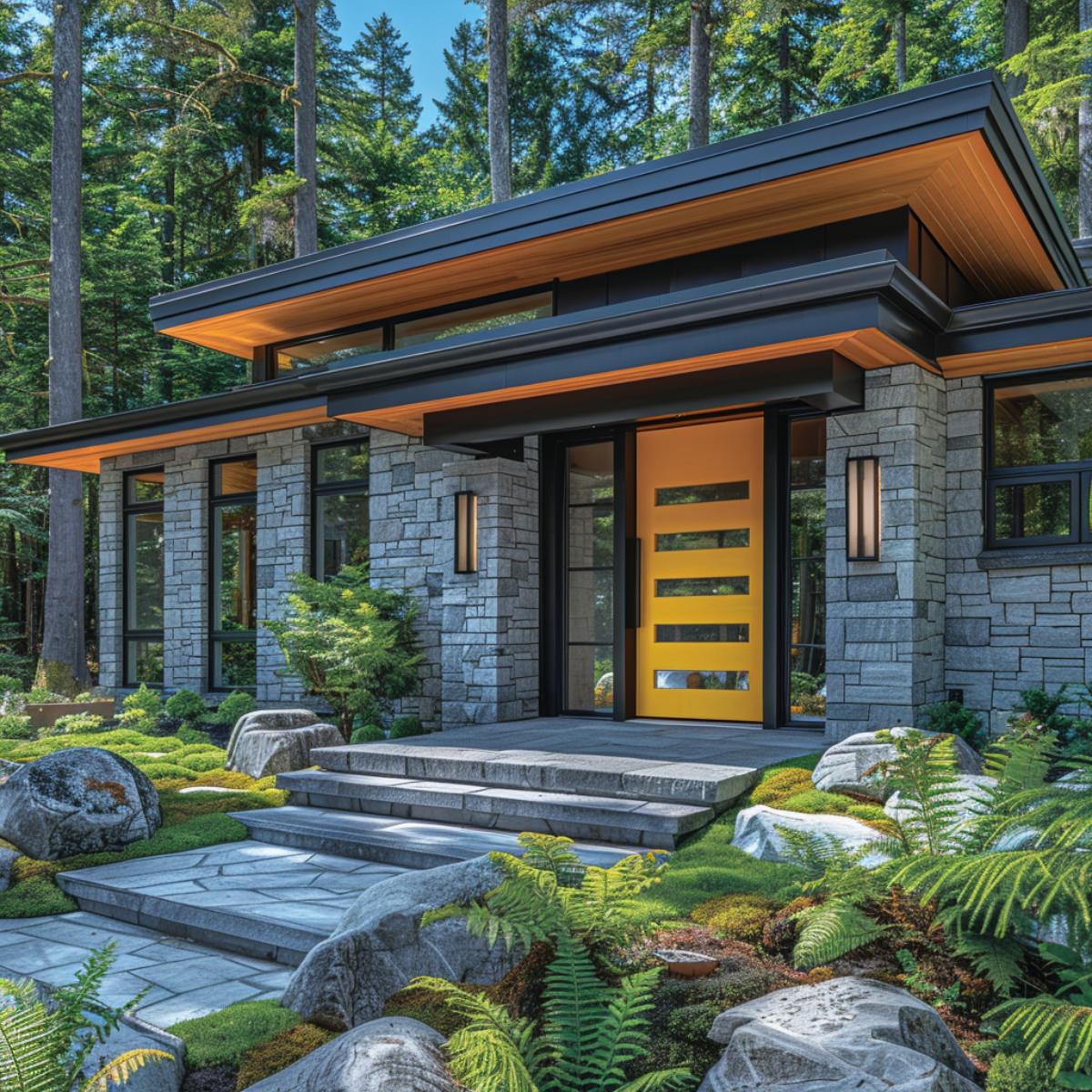 Gray Stacked Stone, Cedar Soffit, Yellow Door: Forest Modern Declares Itself