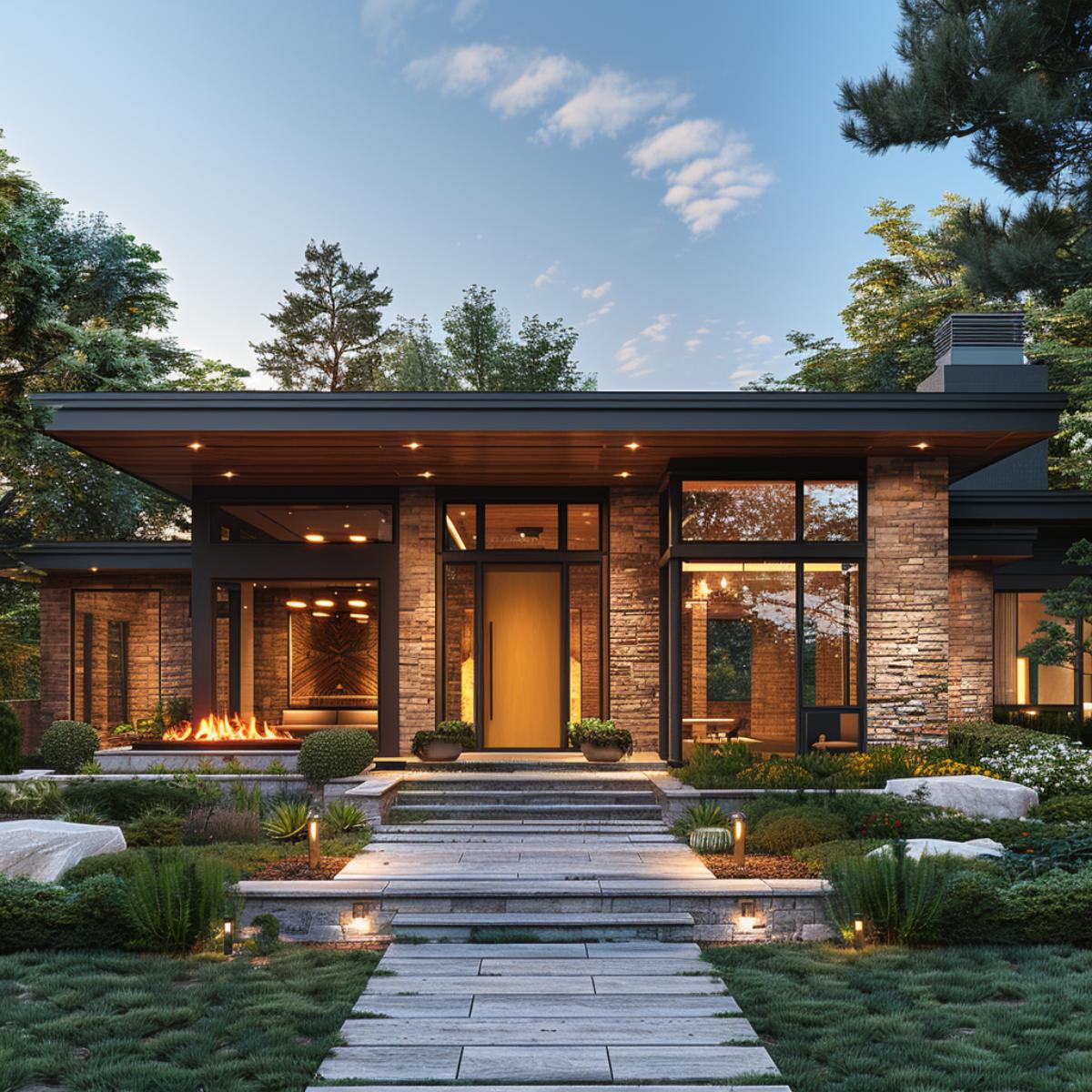 Ledger Stone Facade, Recessed Soffit Lights, Amber Pivot Door: Natural Materials Take Sides