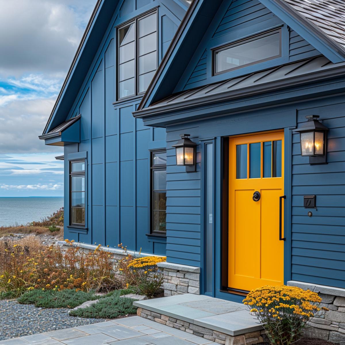 Blue Lap Siding, Stone Base, Yellow Craftsman Door: Coastal Modern Picks a Side