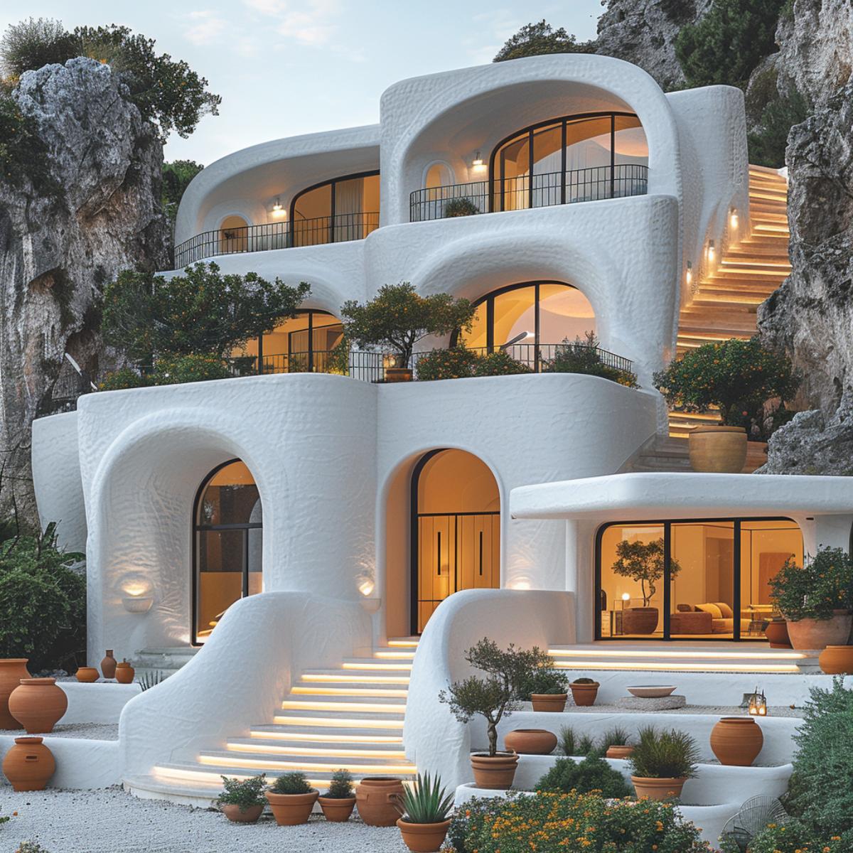 White Sculpted Stucco, Arched Glass, Terracotta Urns: The Entry Holds Court