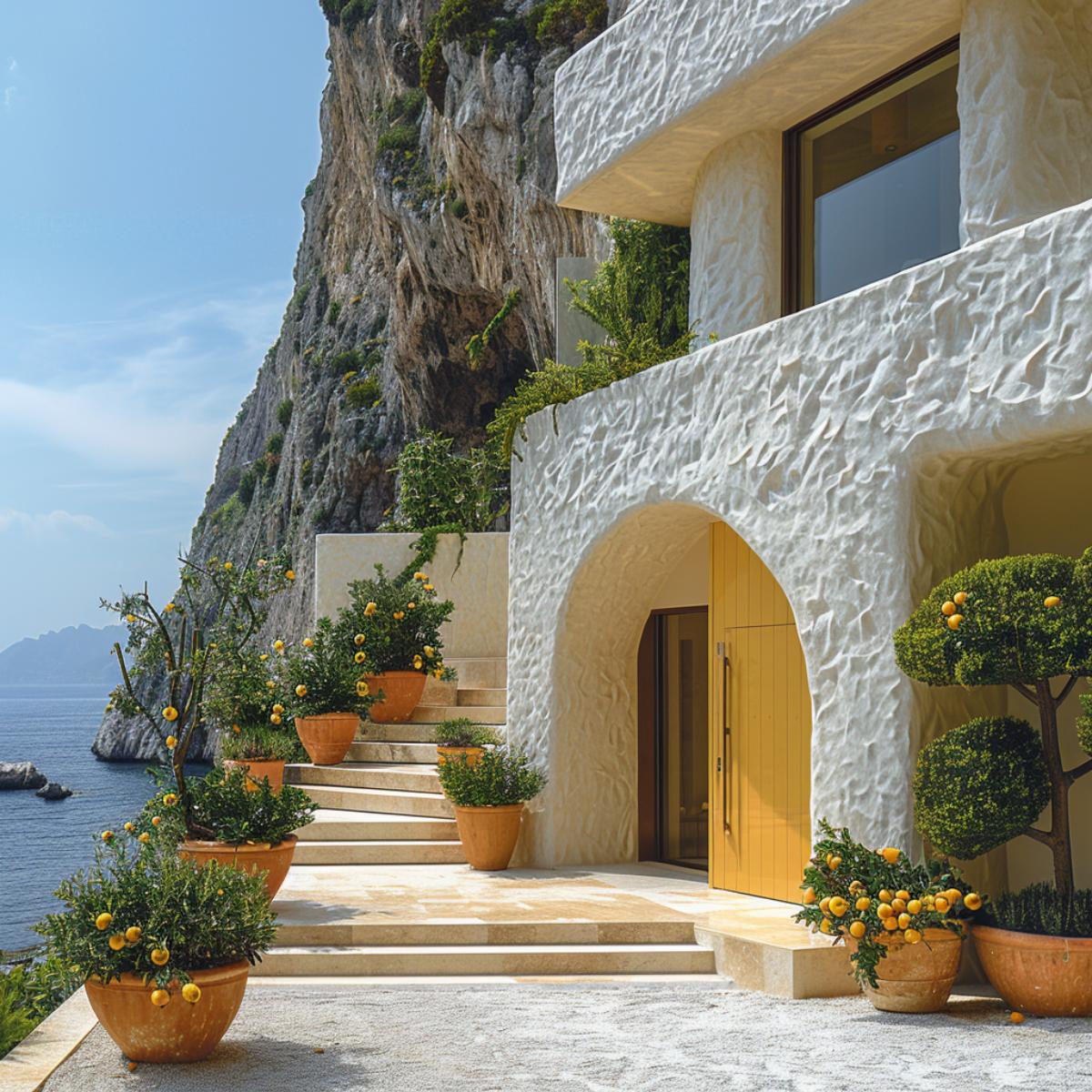 Whitewashed Stucco, Citrus Urns, Yellow Arch Door: Mediterranean Cliffside Commits