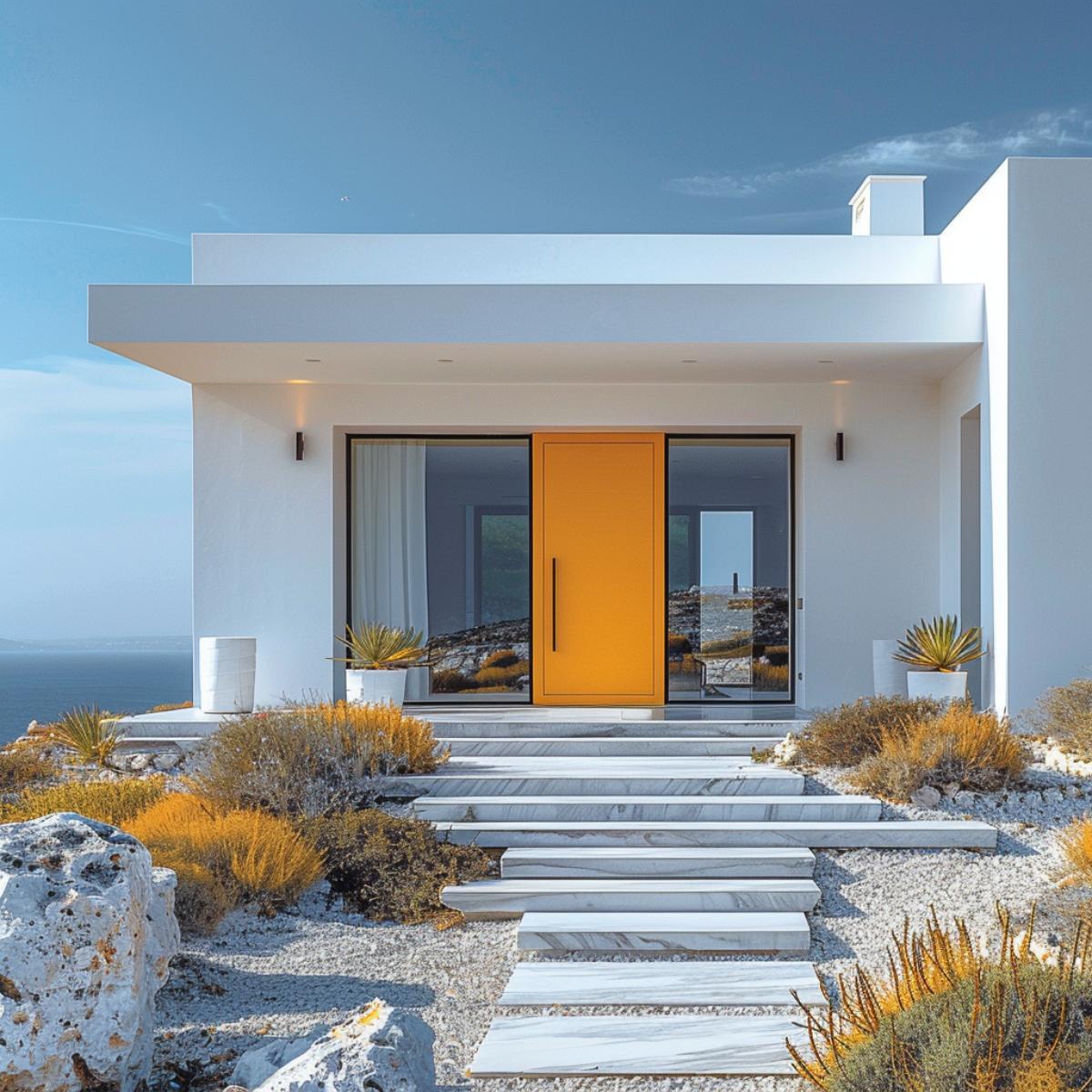 Saffron Door, White Stucco, Marble Steps: A Coastal Cliffside Entry That Commits