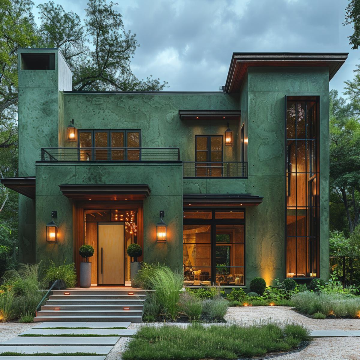 Verdigris Stucco, Tall Steel-Frame Glass, Blonde Wood Pivot Door: Green Goes All In
