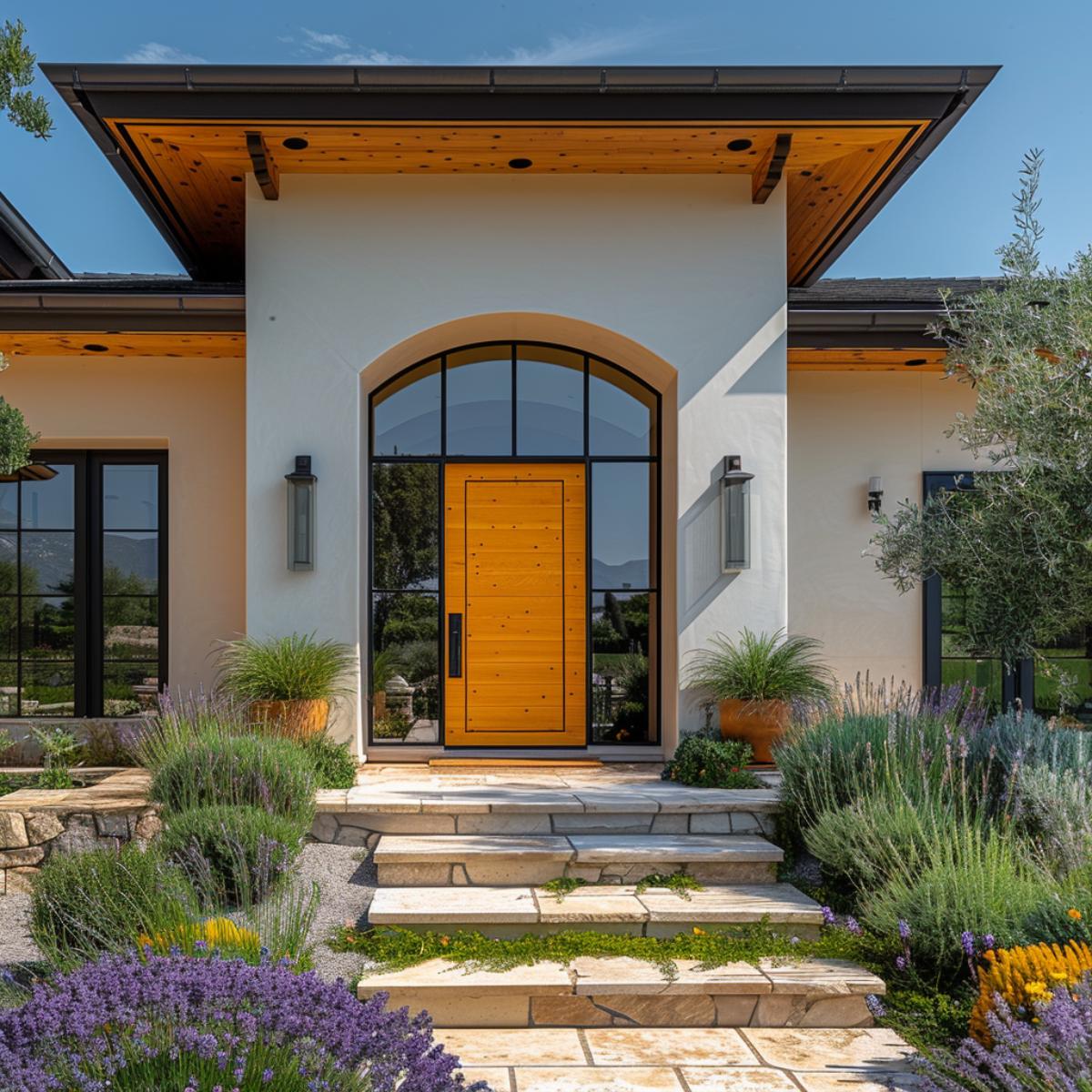 White Stucco, Wood Soffit, Arched Steel Frame: Natural Cedar Holds the Center