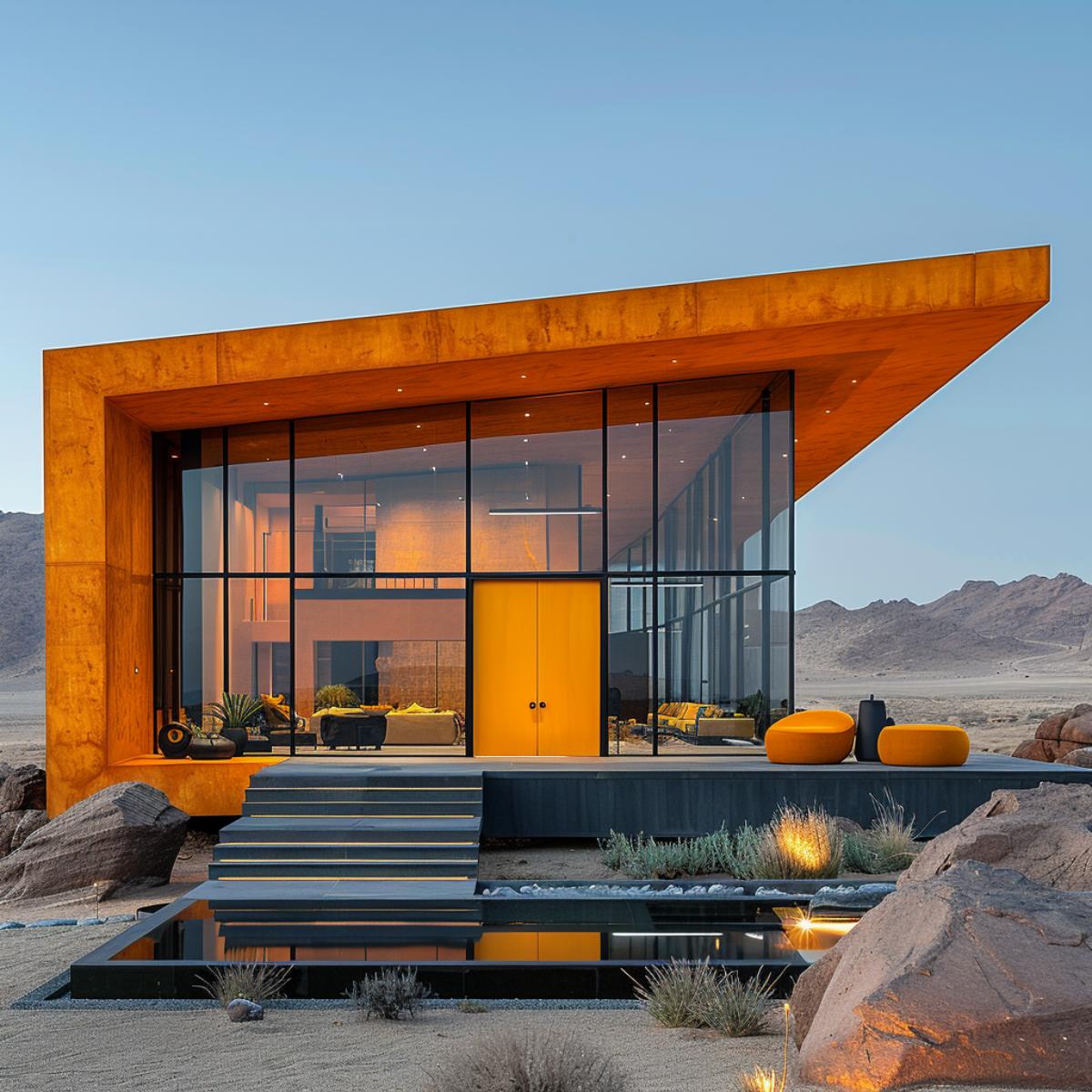 Cor-Ten Frame, Floor-to-Ceiling Glass, Saffron Double Door: Desert Modern Goes Bold