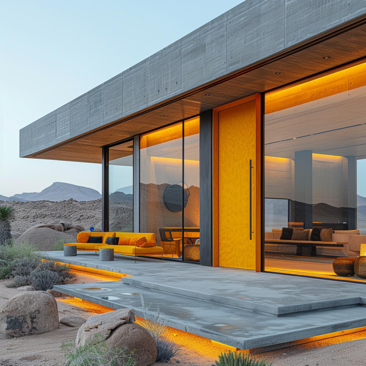 Board-Form Concrete, Amber Pivot Door, Floor-to-Ceiling Glass: Desert Modern Commits Hard
