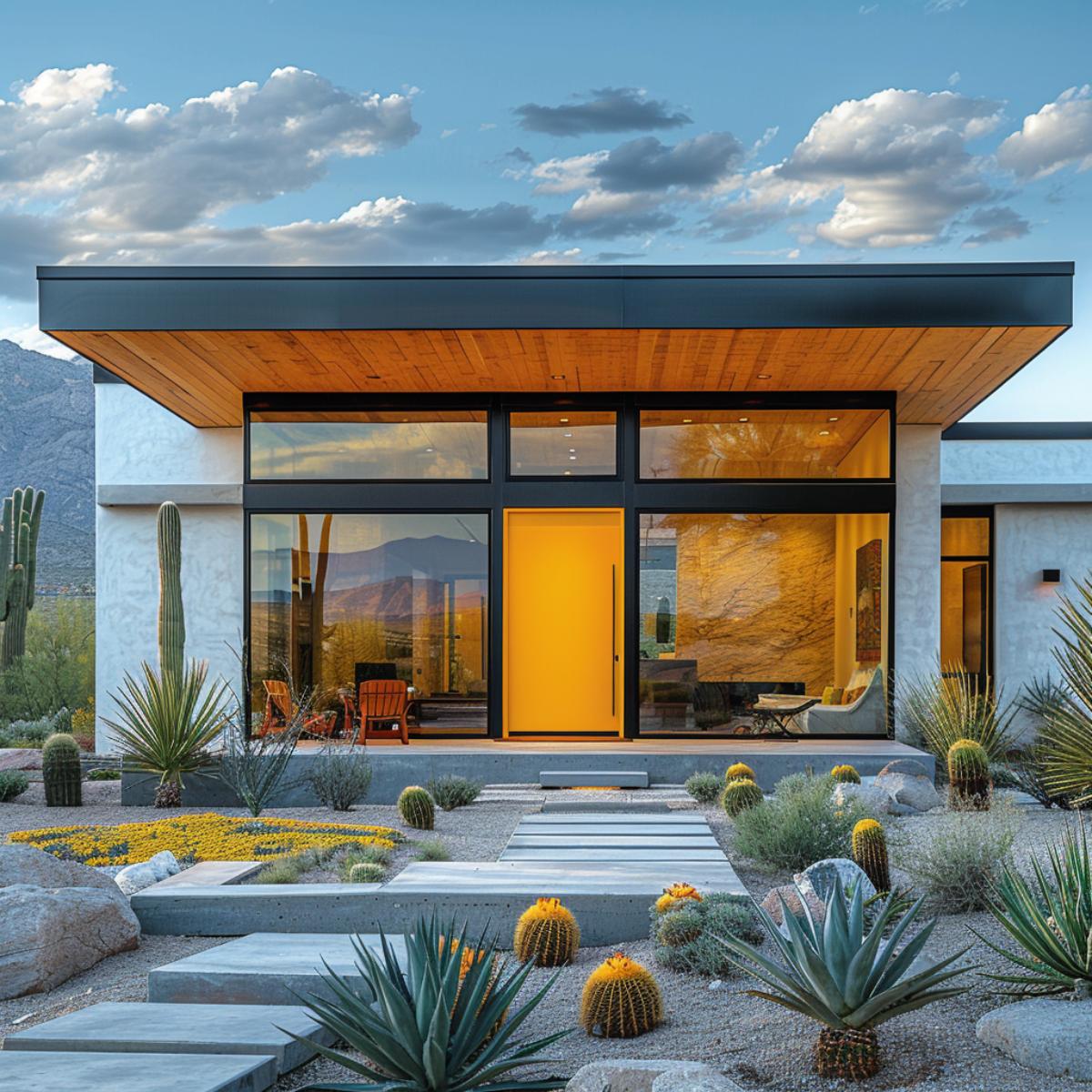 Flat Roof, Cedar Soffit, Yellow Pivot Door: Desert Xeriscaping Picks Its Champion