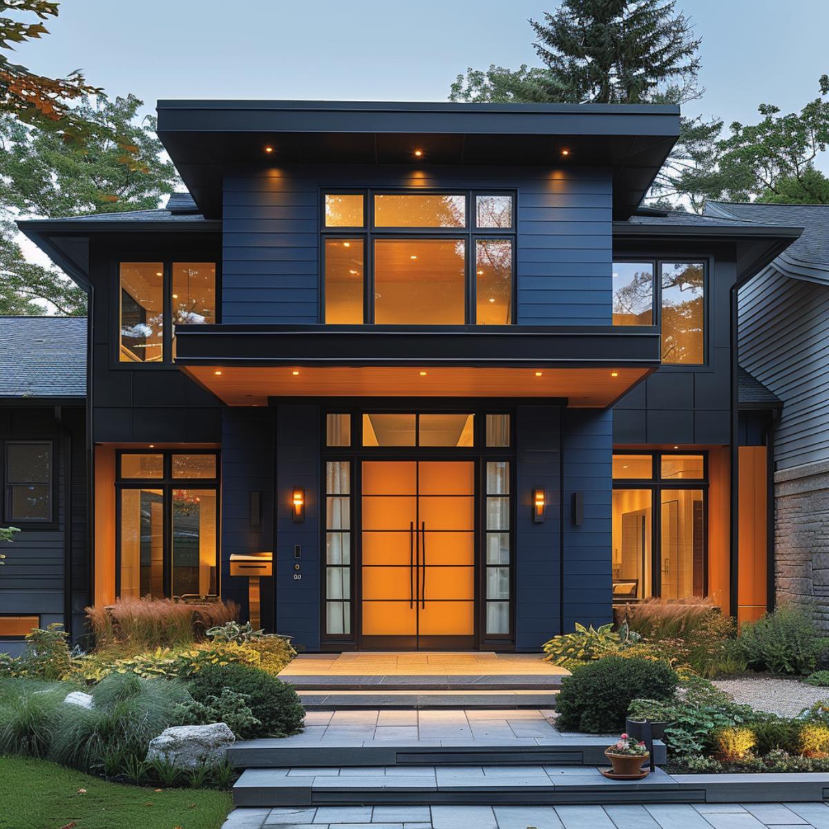 Navy Horizontal Siding, Glowing Glass Panels, Prairie-Style Roofline: Yellow Does the Work