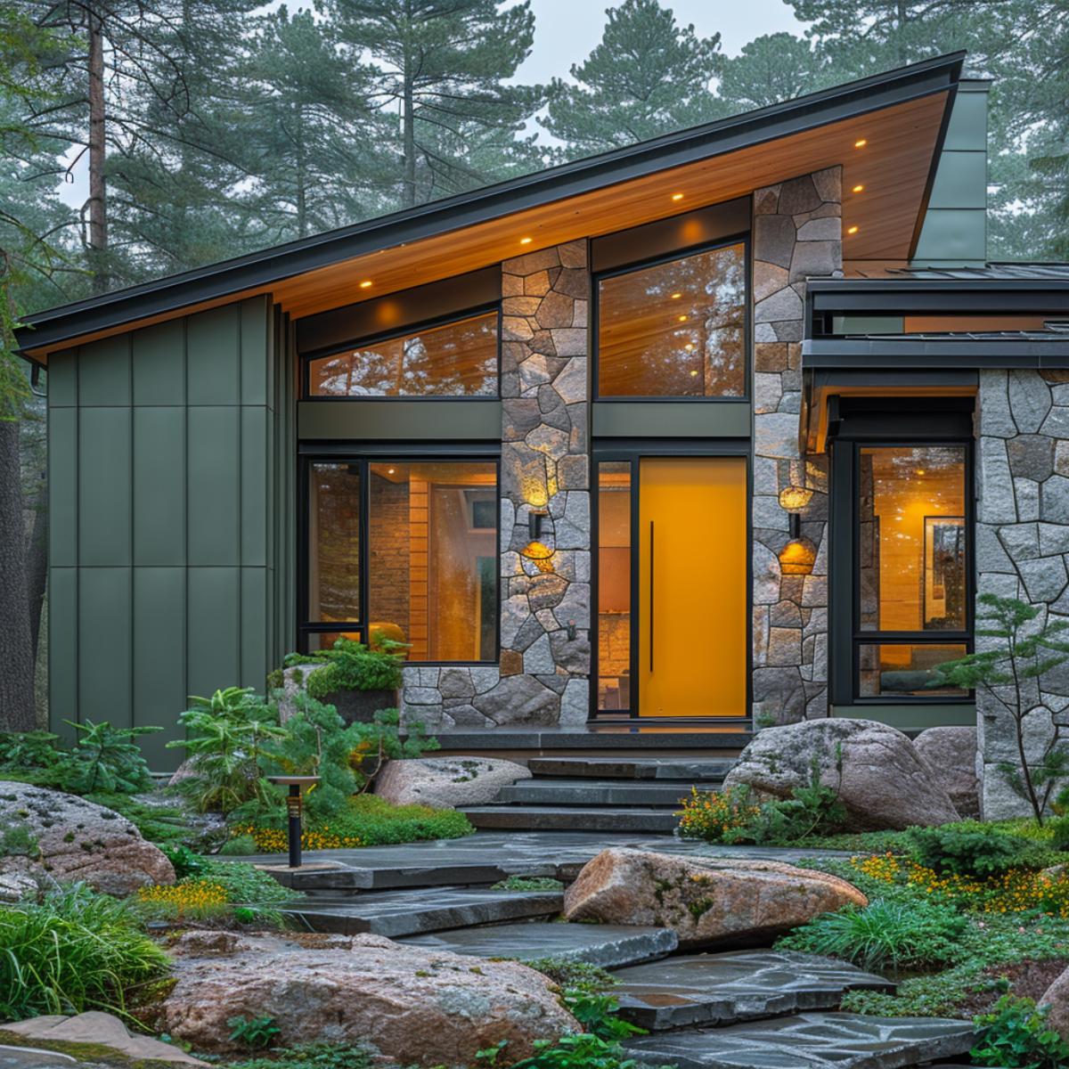 Marigold Door, Granite Cladding, Cedar Soffit: Forest Modern With a Bold Center