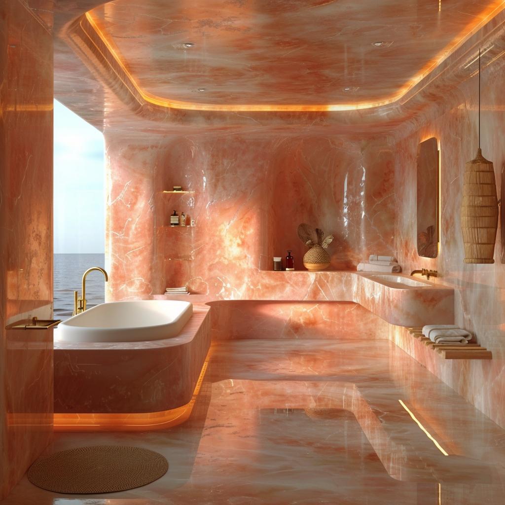 Pink Onyx Floor to Ceiling, Woven Pendants, and Brass Fixtures Holding the Room Together