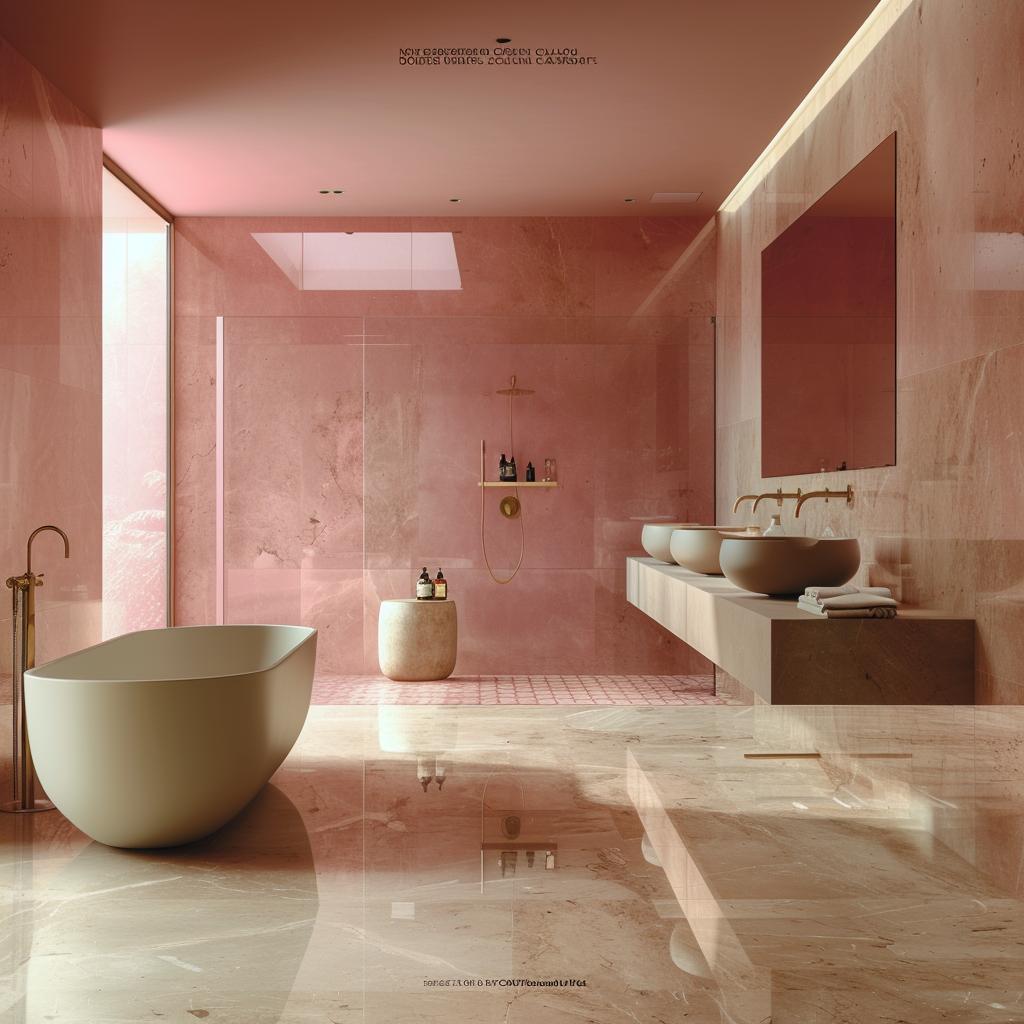 Blush Marble Walls, a Freestanding Egg Tub, and Double Vessel Sinks Splitting the Space