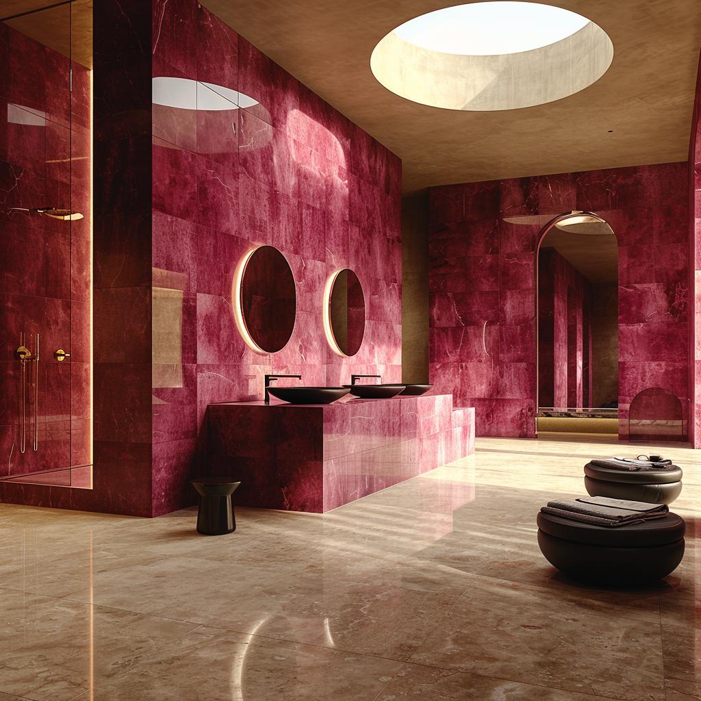 Crimson Quartzite Walls, a Skylit Double Vanity, and Black Vessels Anchoring the Room