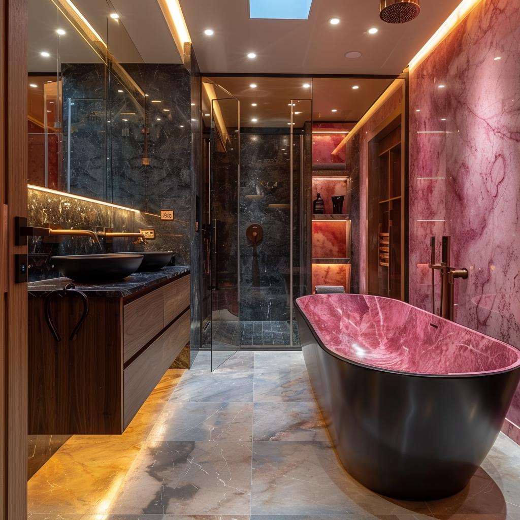 Pink Quartzite Walls, a Two-Tone Soaking Tub, and Black Marble Doing the Heavy Lifting