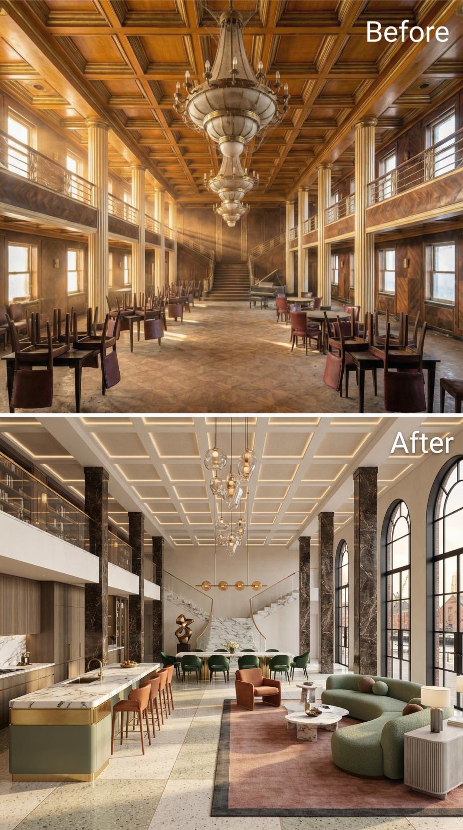 Warm White Coffered Ceiling, Nero Marquina Columns, Terrazzo Floor Reclaim the Liner Shell