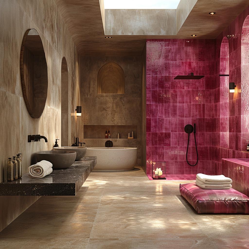 Magenta Zellige Covering Two Full Walls, Black Fixtures, and a Meditation Cushion on the Floor