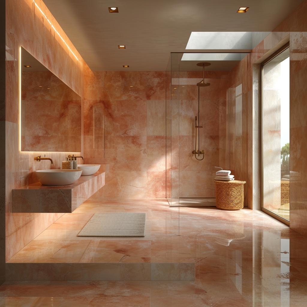 Rose Onyx Floor to Ceiling, a Skylight Over the Shower, and Brass Fixtures Grounding the Palette